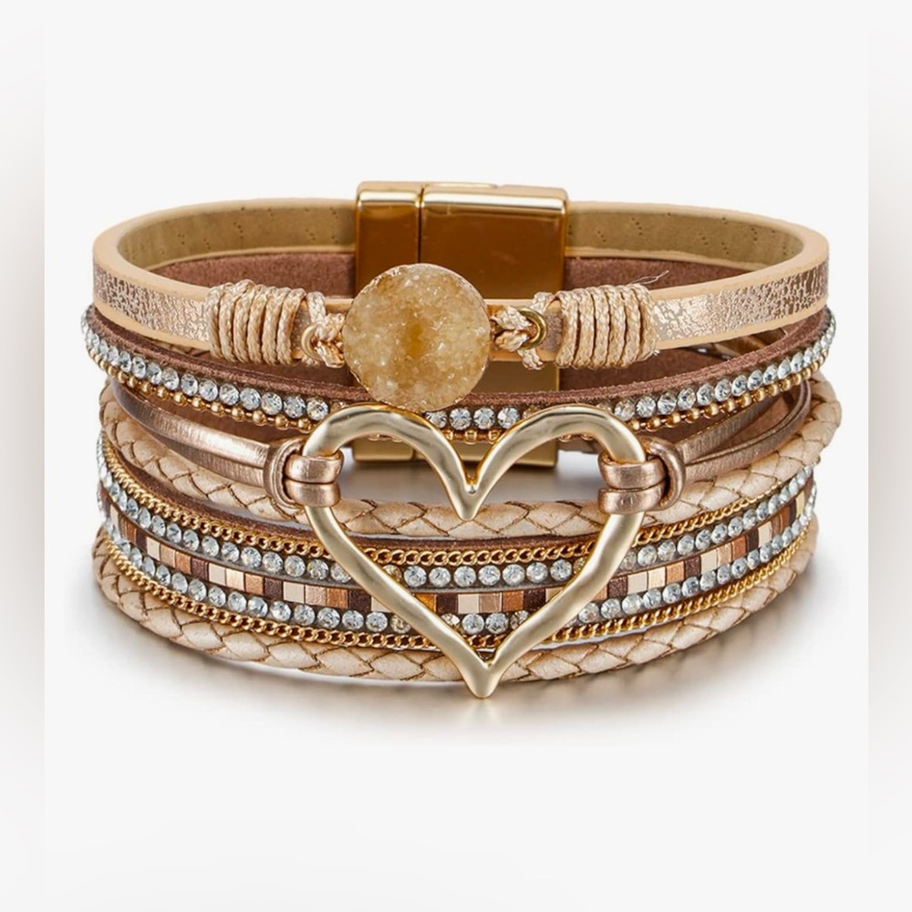 Boho Leather Wrap Bracelet with Pearl & Crystal Layers